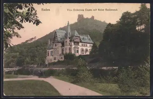 AK Baden, Villa Erzherzog Eugen mit Ruine Rauheneck