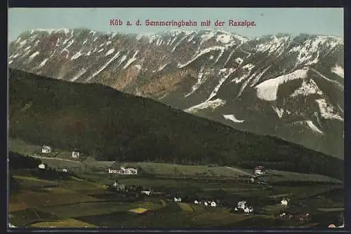 AK Küb a. d. Semmeringbahn, Ortsansicht mit der Raxalpe