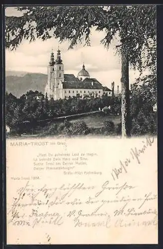 AK Maria-Trost bei Graz, Blick zur Kirche, Gedicht der Gräfin Mitzi Aichelburg