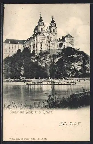 AK Melk a. d. Donau, Blick auf Stift mit Dampfer