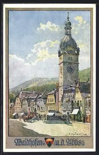 Künstler-AK Waidhofen a. d. Ybbs, Strassenpartie mit Uhrturm und Mariensäule, Deutscher Schulverein