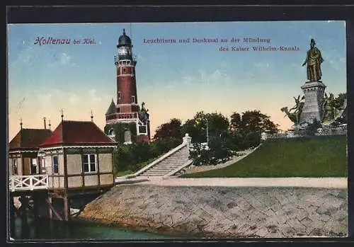 AK Holtenau bei Kiel, Leuchtturm und Denkmal an der Mündung des Kaiser Wilhelm-Kanals