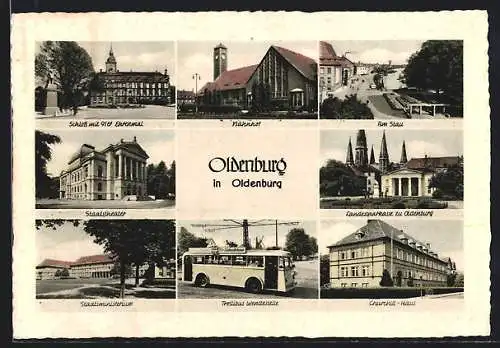 AK Oldenburg in Oldenburg, Landessparkasse, Schloss mit 91er Ehrenmal, Bahnhof