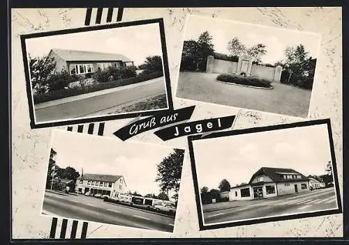 AK Jagel /Kreis Schleswig, Restaurant Zum Norden, Spar-Geschäft, Denkmal