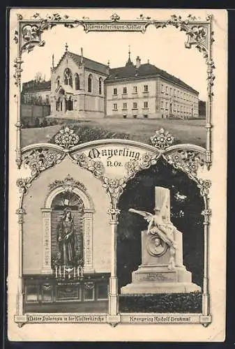 AK Mayerling, Karmeliterinnen-Kloster, Mater Dolorosa in der Klosterkirche, Kronprinz Rudolf-Denkmal