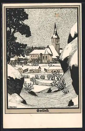 Künstler-AK Gmünd, Ortsansicht im WInter mit Kirche