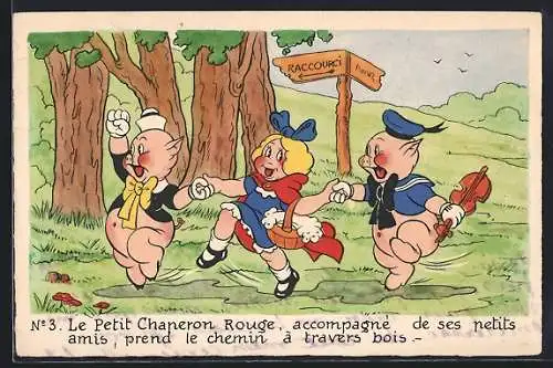 AK Comic, Le Petit Chaperon Rouge, accompagné de ses petits amis, prend le chemin à travers bois