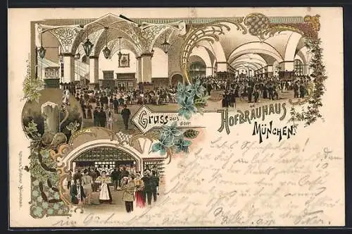 Lithographie München, Neues Hofbräuhaus, Gäste im Festsaal, Bierkrug