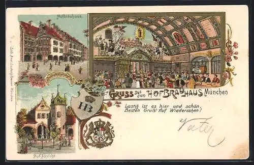 Lithographie München, Münchner Hofbräuhaus, Innenansicht, Hofansicht