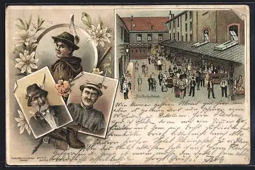 Lithographie München, Hofbräuhaus und drei Männer in Tracht