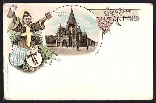 Lithographie München, Löwenbräu-Keller und Münchner Kindl mit Wappen