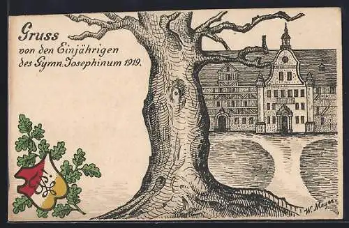 Künstler-AK Absolvia, einjährige Gymn. Josephinum 1919 mit Wappen