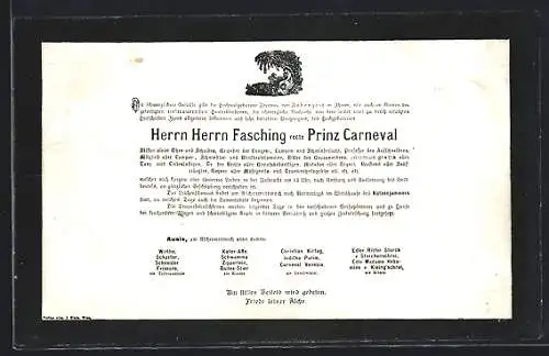 AK Beileidsbekundung über Herrn Herrn Fasching recte Prinz Carneval
