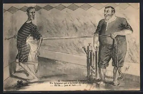 Künstler-AK A l`Etablissement Thermal, Mann im Badeanzug bekomme einen Wasserstrahl ab, Badekultur