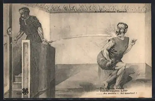 AK Mann erschrickt vor dem Wasserstrahl, Badekultur