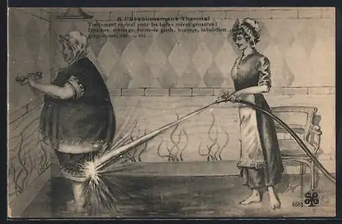 Künstler-AK A l`Etablissementt Thermal, korpulente Frau erhält den Wasserstrahl, Badekultur