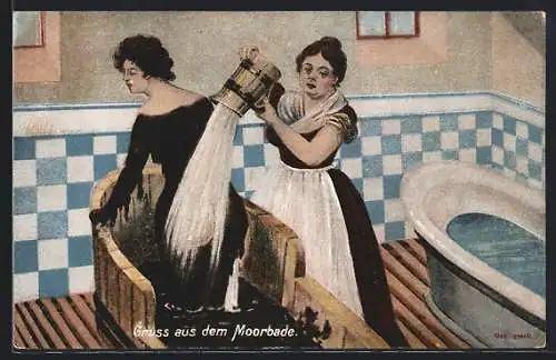 Künstler-AK Bad Nenndorf, Dame lässt sich den Moorschlamm abspülen