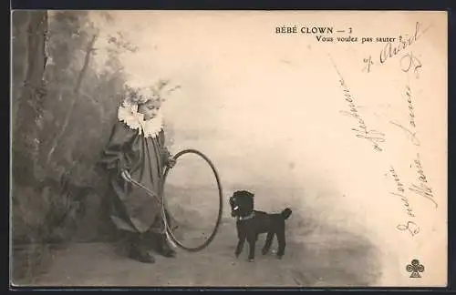 AK Bèbè Clown, vous voulez pas sauter, Kind bei der Dressur mit Hund