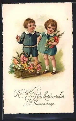 AK Kinder mit Blumenkorb gratulieren zum Namenstag