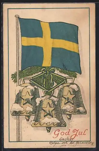 AK God Jul, Schwedische Flagge und goldene Glocken