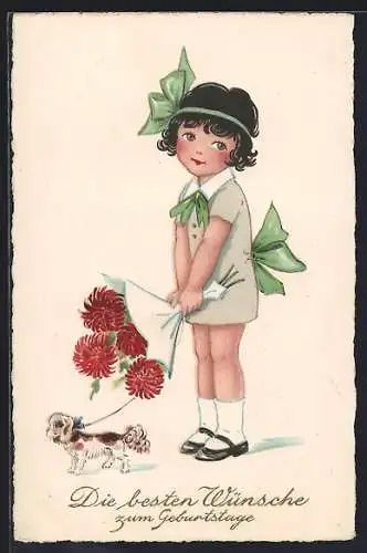 AK Geburtstagsgruss, Mädchen mit Hund und Blumenstrauss