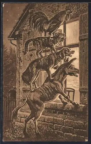 AK Die Bremer Stadtmusikanten nachts vor einem Fenster