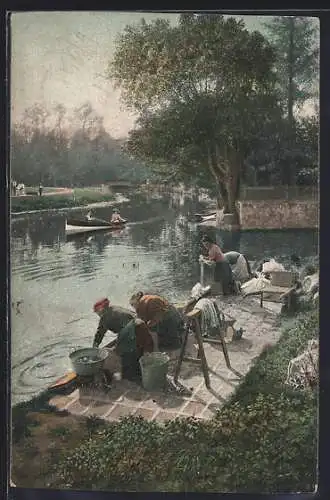 AK Waschfrauen am Ufer bei der Arbeit