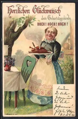 AK Herzlichen Glückwunsch! Dienstmädchen mit Leibspeise