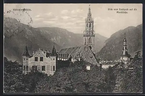 AK Bozen, Pfarrkirche vom Stadtpark aus