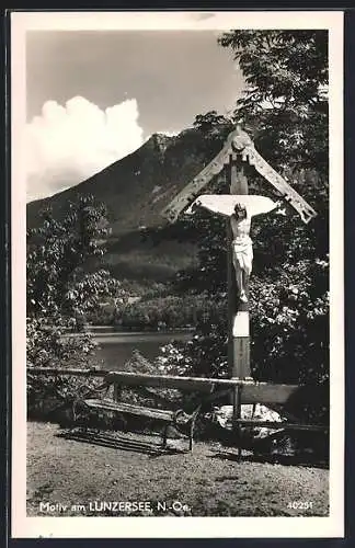 AK Lunz am See, Marterl mit Lunzersee u. Bergpanorama