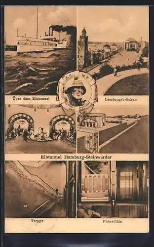 AK Hamburg-St. Pauli, Elbtunnel, Treppe, Fahrstühle, Landungsbrücken, Dampfer, Seemann