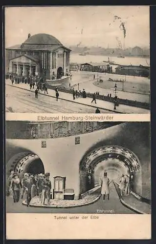 AK Hamburg-Steinwärder, Elbtunnel von oben und unter der Elbe