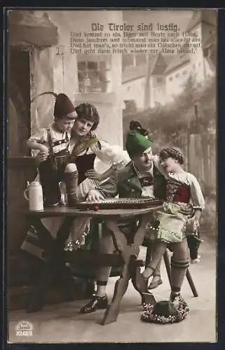 AK Tiroler Familie mit Zither vor einem Wirtshaus