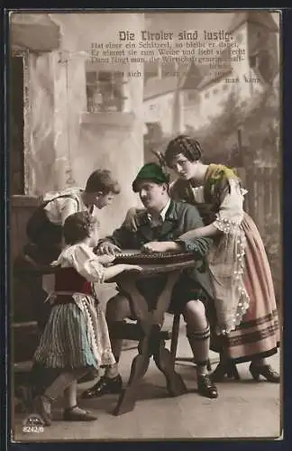 AK Tiroler Trachten-Familie mit Zither vor einem Wirtshaus