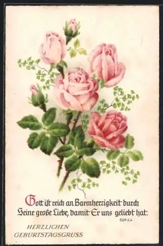 AK Gott ist reich..., Sinnspruch, Rosenstrauss, Geburtstagsgruss