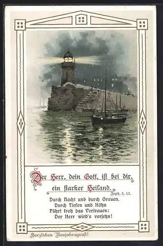 AK Der Herr, dein Gott..., Sinnspruch, Gedicht, Schiff vor Leuchtturm