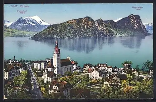 AK Vitznau, Teilansicht mit Kirche, Stanserhorn und Bürgenstock