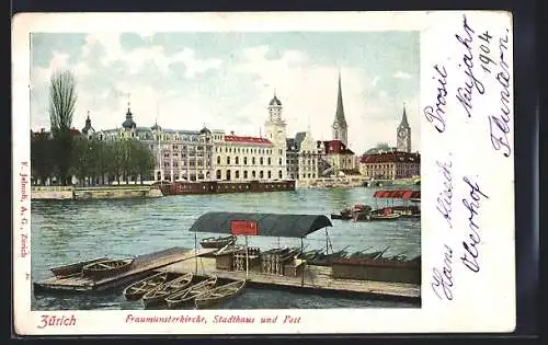 AK Zürich, Fraumünsterkirche, Stadthaus und Post