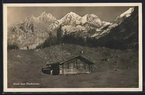 AK Oeschinensee, Ortspartie mit Holzhaus
