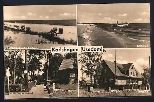 AK Karlshagen /Usedom, Bahnhof, Strand und Schule