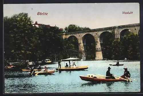 AK Görlitz, Viadukt, See mit Ruderbooten