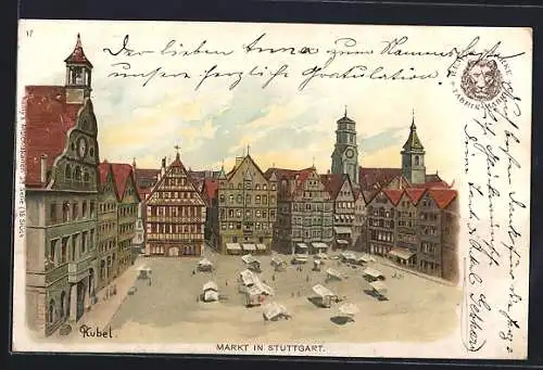 Lithographie Stuttgart, Markt aus der Vogelschau