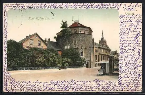 AK Goslar, Hotel zum Achtermann mit Strasse, Verkaufsstand