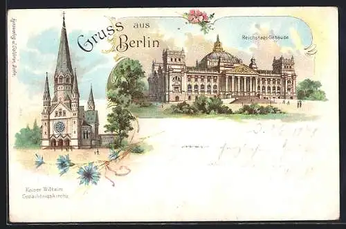 Lithographie Berlin-Tiergarten, Kaiser-Wilhelm Gedächtniskirche, Reichstags-Gebäude