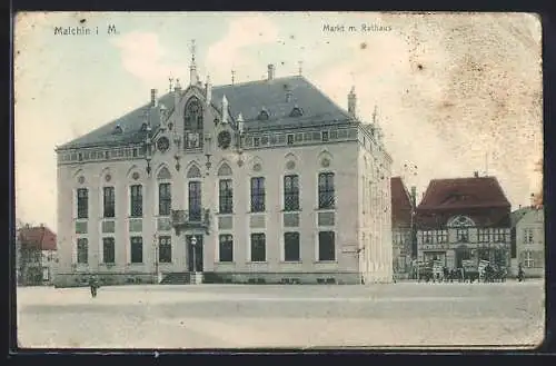 AK Malchin i. M., Markt mit Rathaus, Leiterwagen