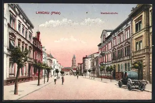 AK Landau /Pfalz, Westbahnstrasse mit Turmblick, Wagen mit Fässern