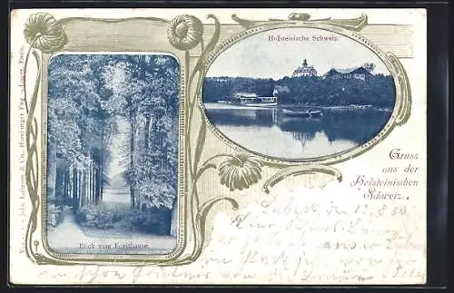 AK Eutin, Holsteinische Schweiz, Panorama vom Wasser, Blick vom Forsthause, Blumen-Ornamente