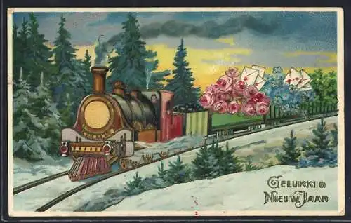 AK Neujahrsgruss, Eisenbahn transportiert Blumen und Briefe durch den Winter
