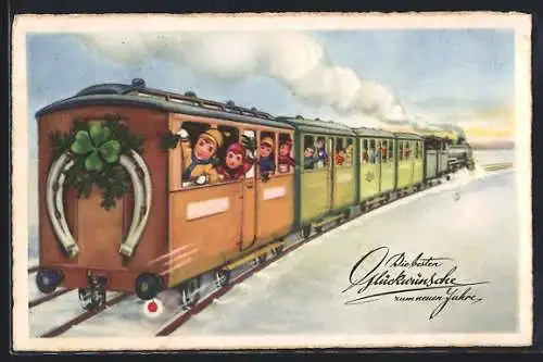 AK Neujahrsgruss, Kinder in einer Eisenbahn