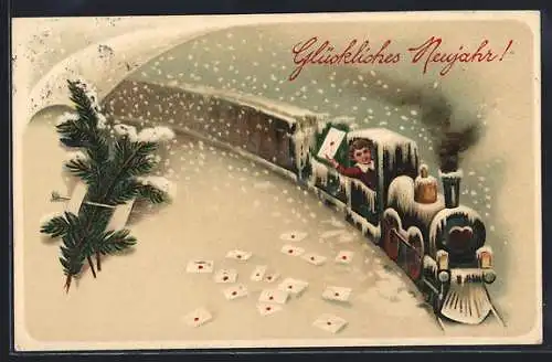 Präge-AK Neujahrsgruss, Junge wirft Briefe aus einer Eisenbahn